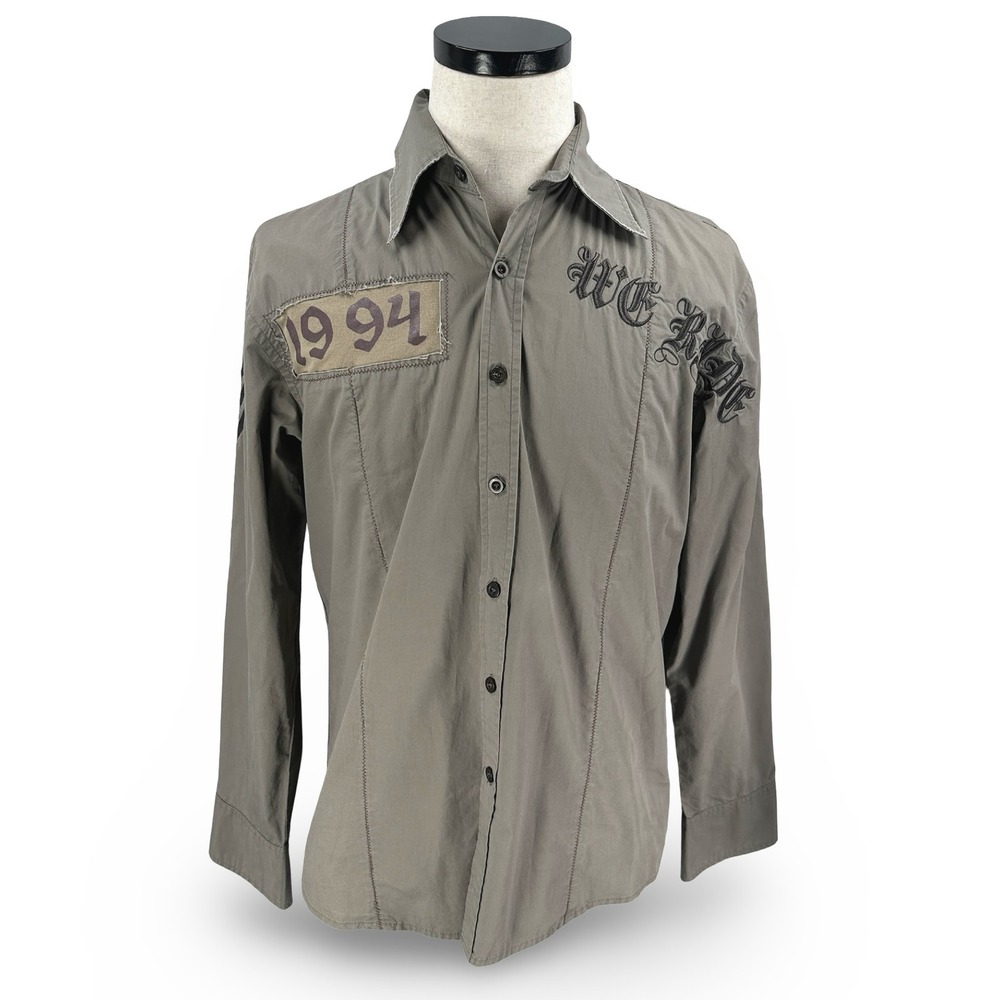 Roar Mens Gray Biker Embroidered Button Down Shirt Stone Rose Renegade 1994 M